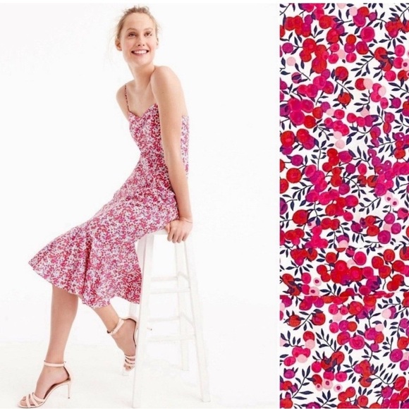 J.Crew Ruffle Hem Midi Dress Sz 0 Tall Liberty of London Floral Wiltshire Berry - Picture 6 of 17